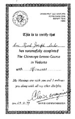 Karl's Certificate of course completion of The Chinmaya Lesson-Course