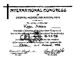 Karl's Certificate as a member of the International Congress of Oriental Medicine and Martial Arts